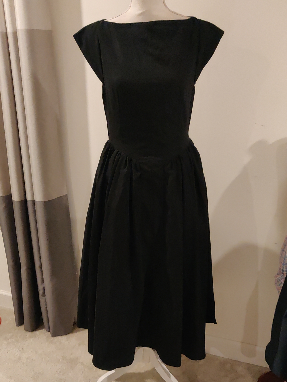 Periran Black Boat Neck Midi Dress Cap Sleeves Side Pockets Formal Open Back Y2K